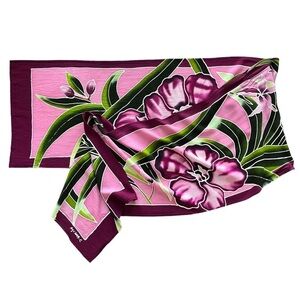 Vintage ARTISAN Pink vibrant large floral Rayon scarf. Maroon & Green. Handmade